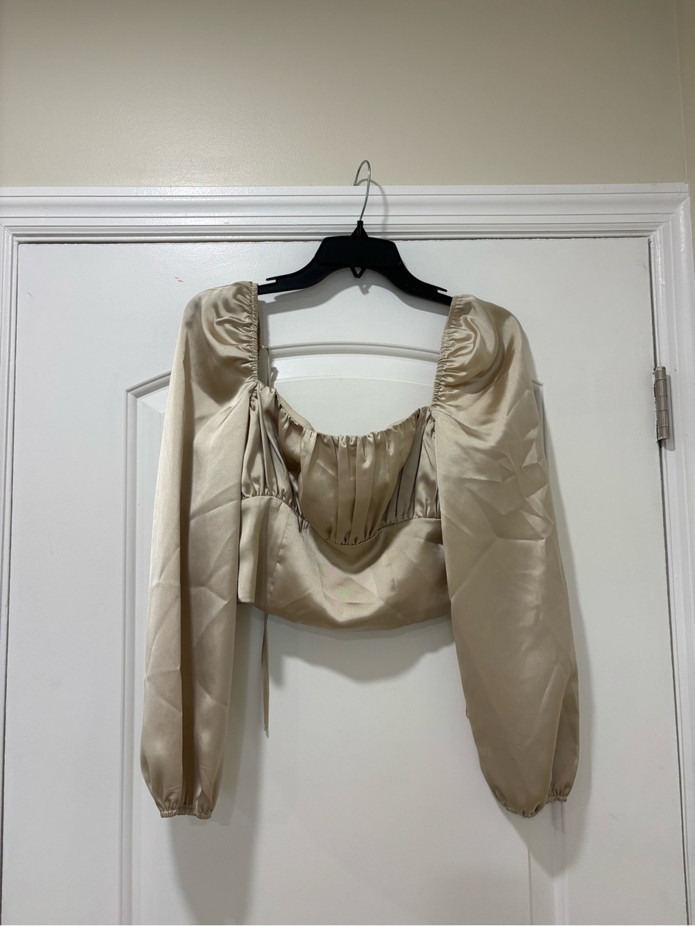 Forever 21 Beige Satin Square Neck Crop Top with Puff Sleeves